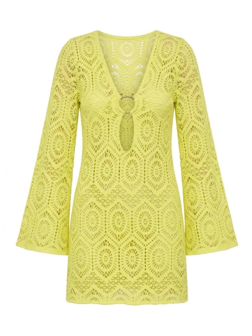 Empress Brasil NWT Short Sixty Yellow Lace Bell Sleeve Ring Cover Up Dress Large - Picture 5 of 12